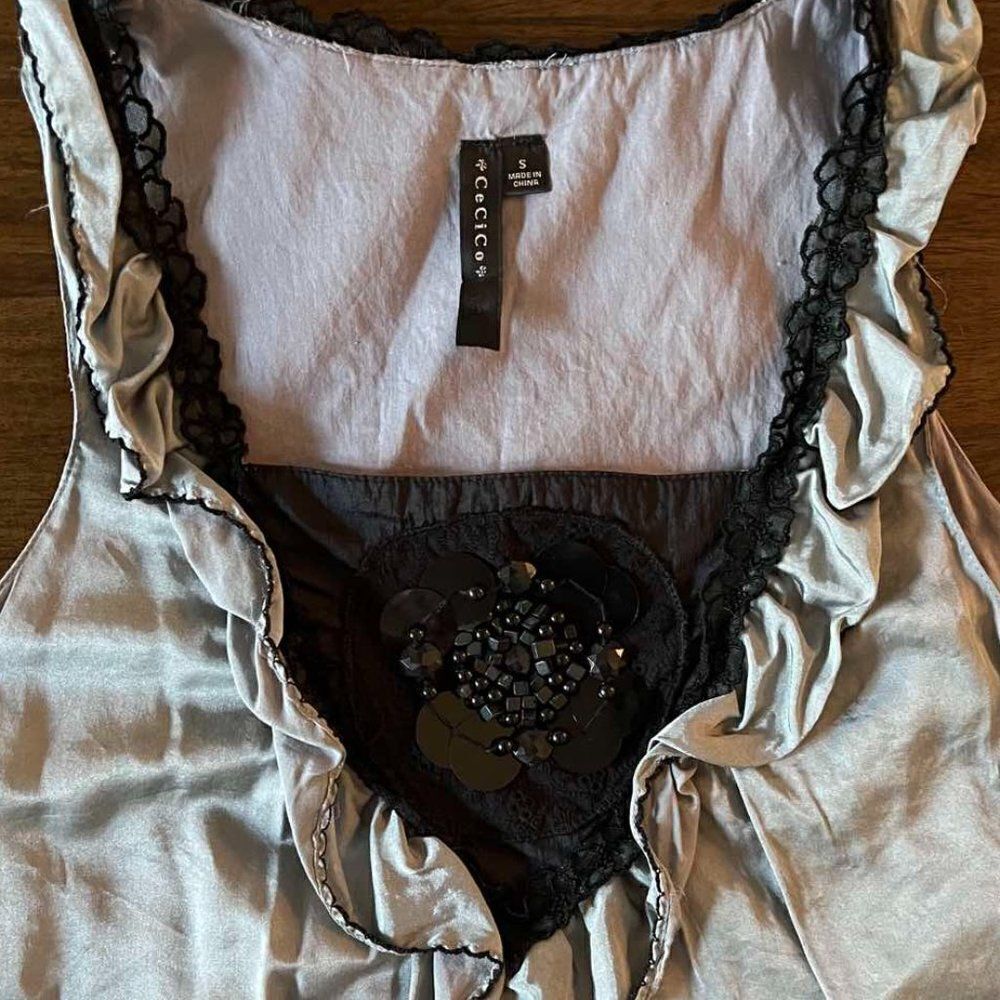 Cecico silk gray A-line sundress with black decoration size S - Picture 6 of 10
